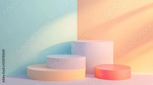Obraz Pastel colored 3D product display podiums, soft light, studio shot, ideal for e-commerce