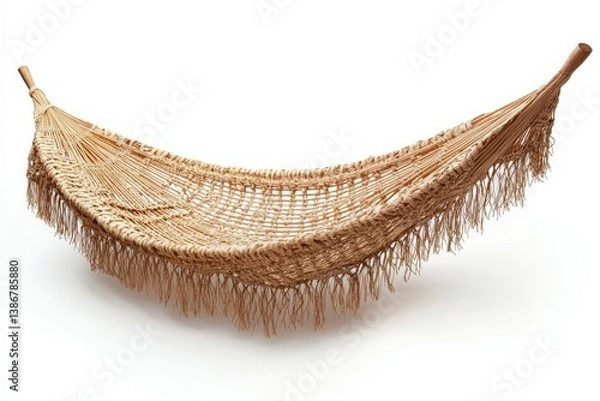 Fototapeta Woven Hammock with Fringed Edges Perfect for Relaxation and Outdoor Decor, Set Against a Crisp White Background for a Serene and Inviting Atmosphere.