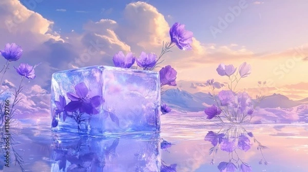 Fototapeta On mirror with sky, purple flowers are frozen in an ice block illustration