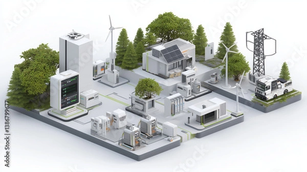 Obraz A conceptual clean energy microgrid with interconnected devices and compact energy sources on a white background.