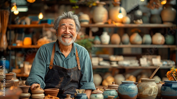 Fototapeta Vendedor sonriente de artesanías mostrando su trabajo con orgullo