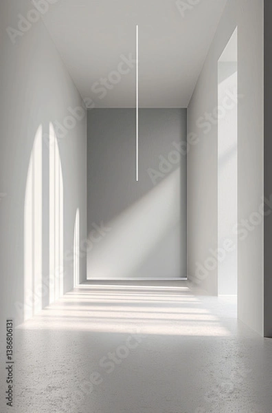 Fototapeta minimalist interior space featuring bright, empty hallway with soft shadows and single light source. clean lines and neutral colors create serene atmosphere