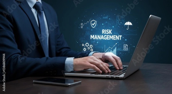 Fototapeta Businessman Managing Risks with Technology: Laptop, Graphs, and Security Icons for Risk Management Strategy