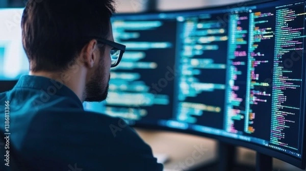 Fototapeta Data scientist analyzing information technology trends in a modern office environment with visualizations