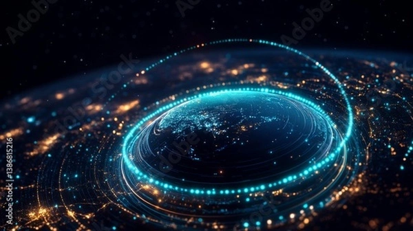 Fototapeta Abstract globe Blue, orange, luminous lights swirling around, creating a futuristic network connection visualization