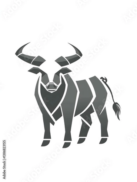 Obraz Geometric Bull Illustration: A stylized, low-poly illustration of a powerful bull stands against a clean backdrop, rendered in shades of grey, highlighting strength and resilience.