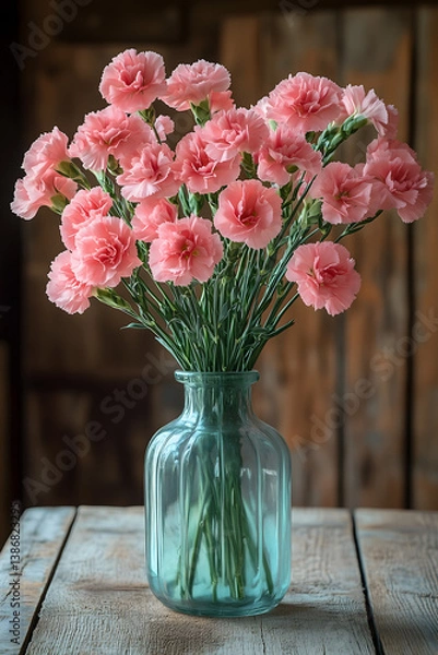 Obraz Pink Carnations in Vintage Vase: A beautiful collection of vibrant pink carnations is artistically arranged in a classic turquoise glass vase.