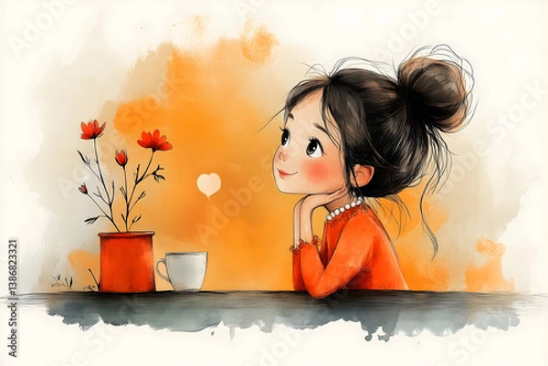 Fototapeta Watercolor Dreamscape: A charming illustration of a young woman, lost in thought, gazing at a plant, conveying a sense of serenity and introspection, with a subtle watercolor style and a warm.