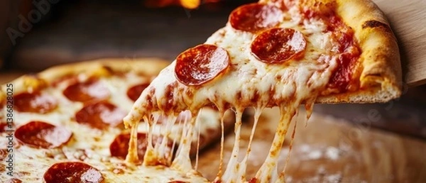 Fototapeta Pepperoni pizza slice being lifted from a woodfired oven, cheese stretching