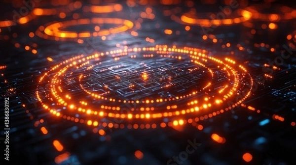 Fototapeta Glowing Orange And Blue Tech Circuit With Digital Grid Background