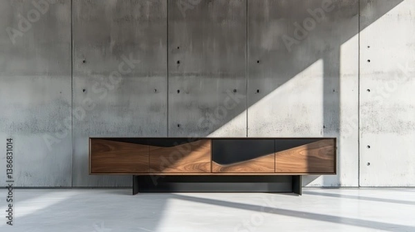 Obraz Modern bureau or tv console mockup in empty living room with concrete wall, rendering, mockup, modern illustration