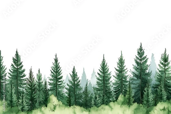 Fototapeta Green Forest with Tall Trees and Soft Watercolor Background