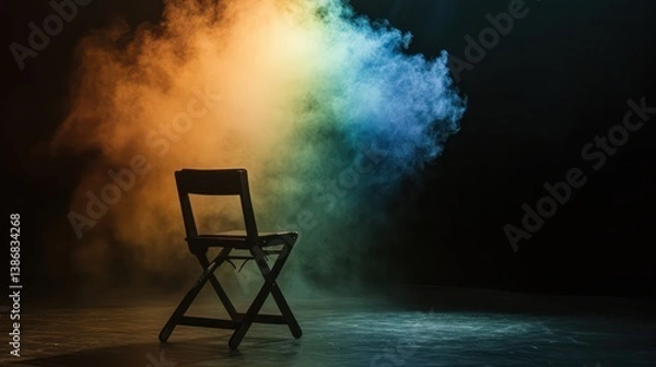 Obraz An empty director's chair on stage, illuminated by a spotlight, with smoke rainbow rising from behind it.