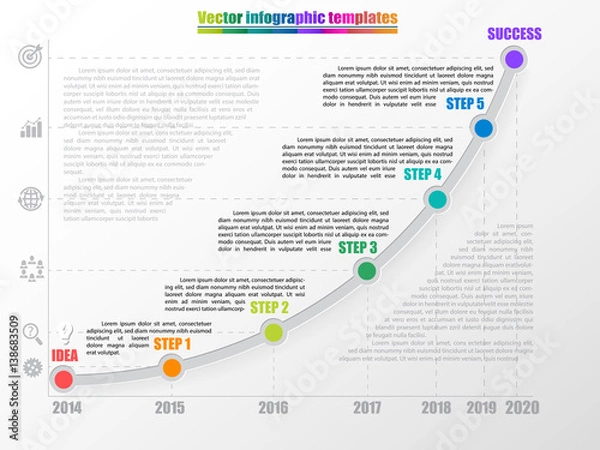 Fototapeta Timeline infographic template with 5 steps, start and finish option. Growth chart by years with inscription and coments. Grey colors and multicolored step points. Vector illustration.