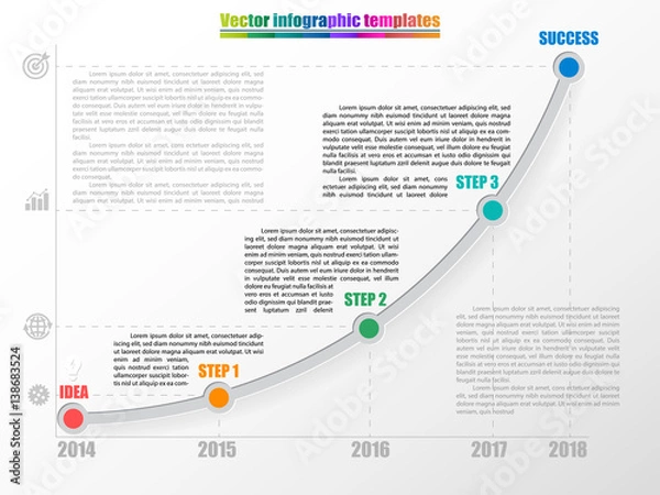 Obraz Ośszy szablon infograficzny z 3 krokami, opcją start i wykończenia. Tabela wzrostu przez lata z napisem i komorami. Szare kolory i wielokolorowe punkty krokowe. Ilustracja wektorowa.