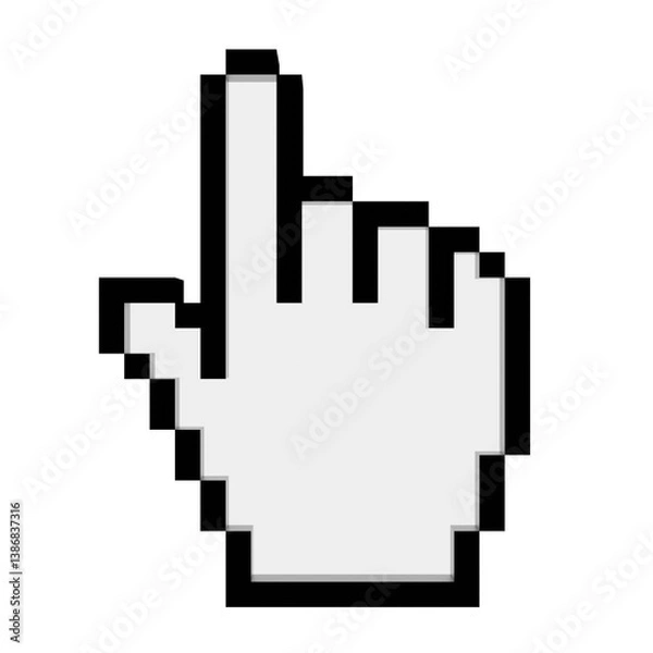 Fototapeta Pixelated pointing hand cursor.  A simple, white, pixelated hand icon, representing a mouse cursor