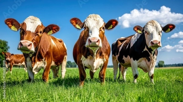 Fototapeta Group of cows relaxing in green field with clear sky, no fences, freedom and organic lifestyle