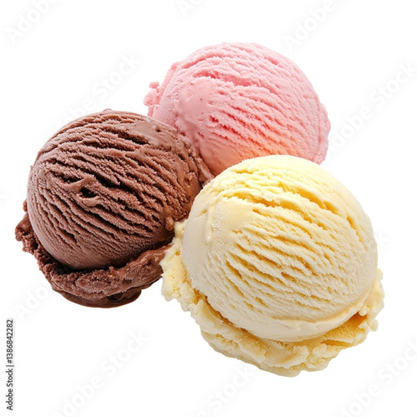Fototapeta Three scoops of various ice cream floating in air, isolated on white background.