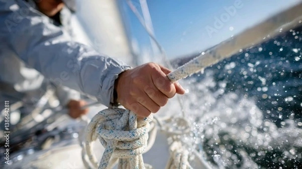Obraz Close-up of a sailor's calloused hands gripping thick ropes with intensity as they adjust sails, surrounded by ocean spray and sunlight on a competitive racing day