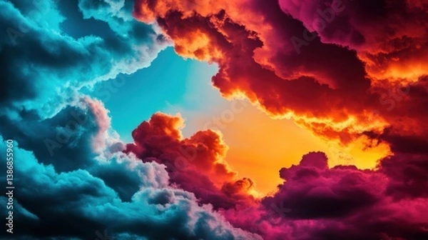 Fototapeta Vivid sky with intense hues of magenta, cyan, and golden yellow blending smoothly