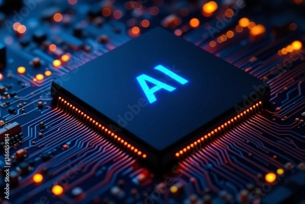 Fototapeta Glowing AI chip placed on a detailed circuit board, futuristic digital style, illuminated background, concept of artificial intelligence power and innovation, Ai generative