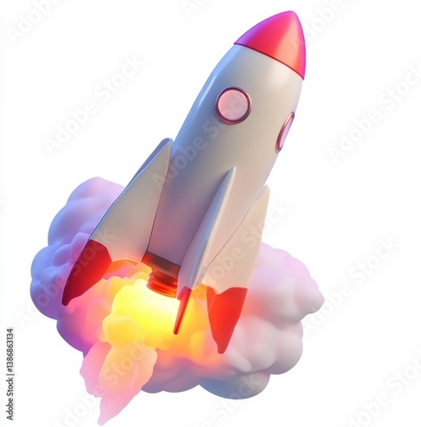 Fototapeta Rocket Launch: A vibrant, stylized rocket blasts off into the sky, leaving a trail of dynamic fire and smoke. The image depicts a modern take on space travel, innovation and progress