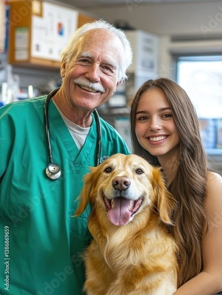 Fototapeta Caring veterinary professional with a happy golden retriever and its owner