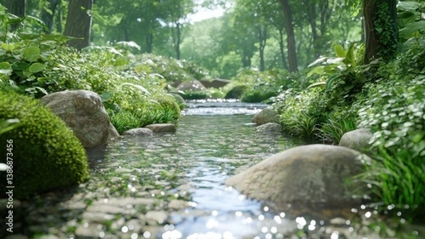 Fototapeta Tranquil forest stream flowing through lush greenery under soft sunlight, creating a peaceful natural scene.
