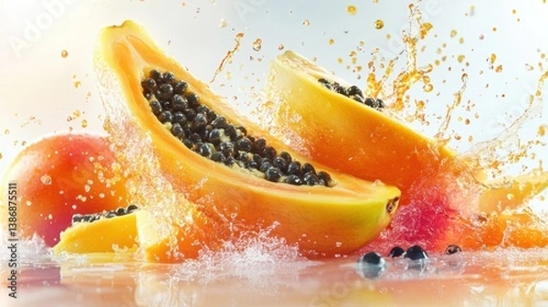 Obraz A sweet fruit splash with papayas, bursting with orange and yellow tones, set against a white background