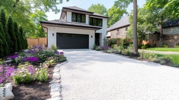 Obraz Modern home with driveway and landscaping.  Well-maintained, contemporary residence with a white gravel driveway, edged by landscaping, leading to a modern garage.  