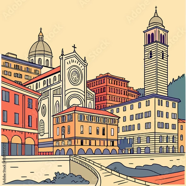 Obraz Genoa, Italy city skyline with colorful buildings in a vibrant vector illustration.