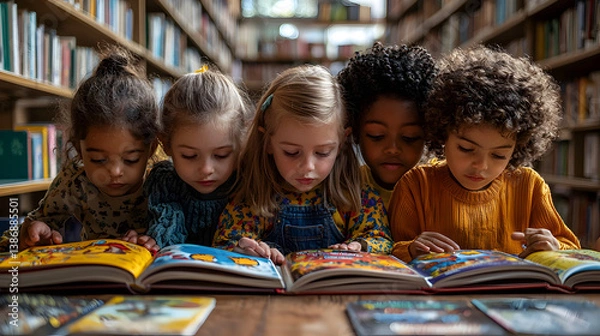 Obraz Kids reading together in school library