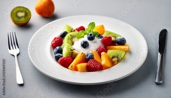 Fototapeta 淡いグレーの背景に白いプレート、フルーツサラダとヨーグルトで彩られたシンプルな朝ごはん 淡いグレーの優しい背景の中に、白いプレートに美しく盛り付けられたフルーツサラダとヨーグルト