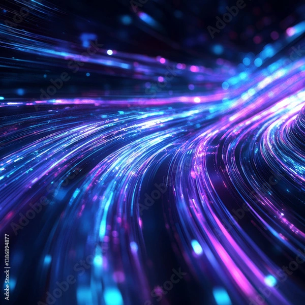 Fototapeta Neon arrow boost abstract background. Glowing shiny lines and shapes in dynamic composition, speed motion trail effect. Futuristic progress technology style design in vibrant blue and purple colors.