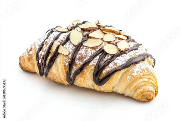 Fototapeta Flaky croissant topped with chocolate drizzle and almond slices on white background. Delicious and inviting pastry