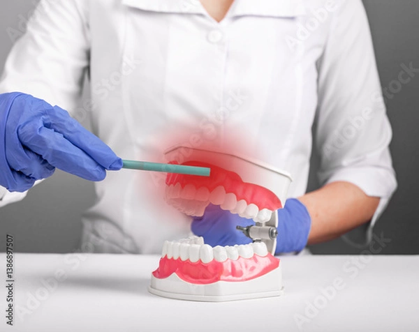 Obraz Gum inflammation. Woman pointing to mouth with red painful gingiva, showing dental disease, bleeding, sensitivity, toothache, abscess, pulpitis, paradontosis and oral health problem..