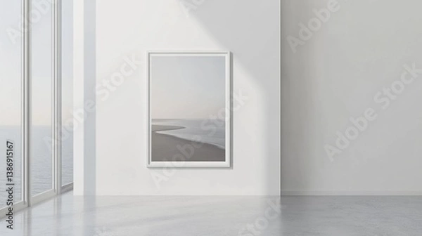 Fototapeta Minimalist Interior Design with Coastal Artwork in Modern Gallery Setting Featuring Natural Light and Ocean View