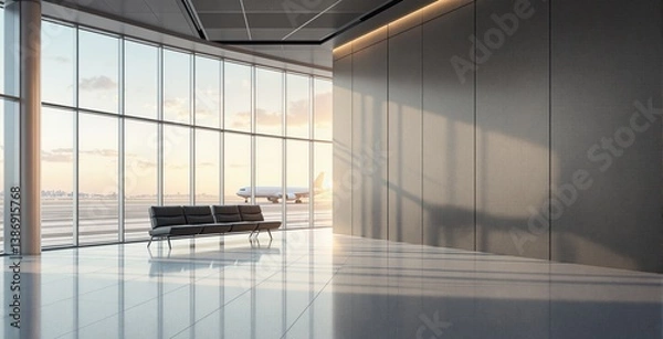 Fototapeta Empty airport terminal with sleek seats, modern graphic style, soft morning light background, concept of travel, journey, and trip calmness. Ai generative
