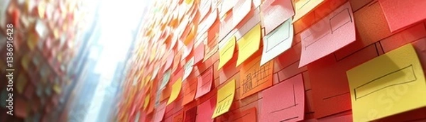 Fototapeta Dynamic Workflow Environment with Colorful Post-it Notes for Task Management and Organization in Modern Office Setting