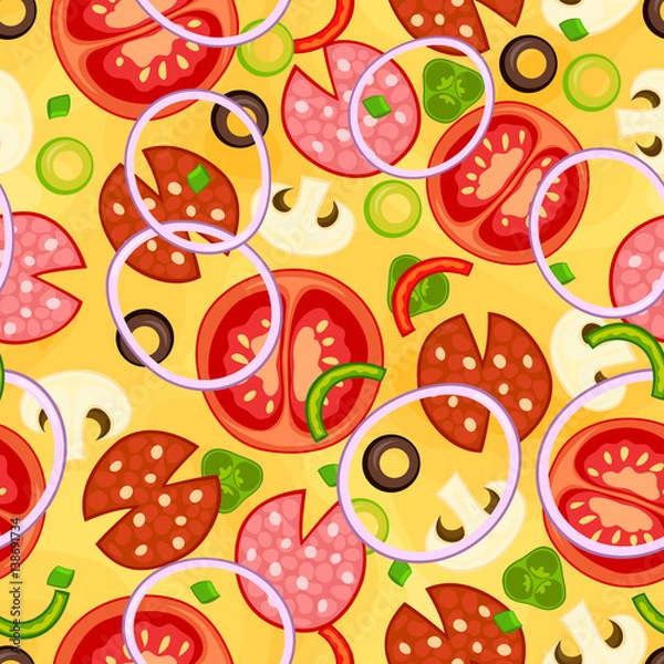 Obraz Seamless pizza pattern with different ingredients. Vector illustration