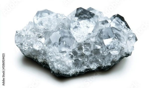 Fototapeta Cluster of clear quartz crystals on white background, geology sample, science, education