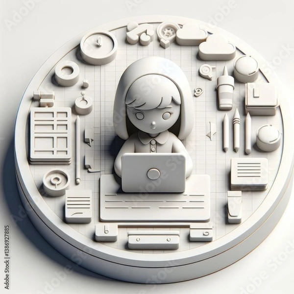 Obraz 3D Cartoon Girl Working on Laptop Surrounded by UI Icons – Round Tech Illustration