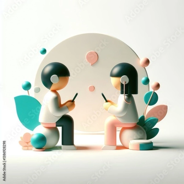 Obraz 3D round illustration of a boy and girl facing each other, holding smartphones. Surrounded by various communication icons. Symbolizes mobile conversation in a soft and modern visual.