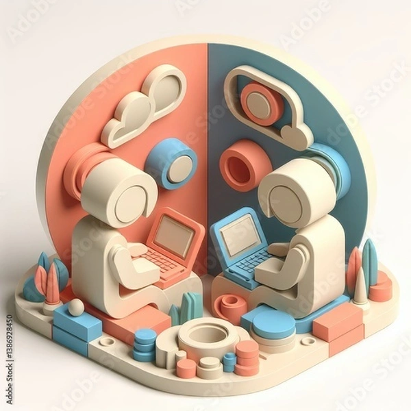Obraz Stylized 3D illustration of a boy and girl sitting opposite each other with laptops, surrounded by collaborative digital icons. Symbol of online teamwork. Clean white round setup.