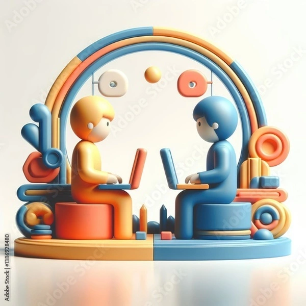 Obraz Stylized 3D illustration of a boy and girl sitting opposite each other with laptops, surrounded by collaborative digital icons. Symbol of online teamwork. Clean white round setup.