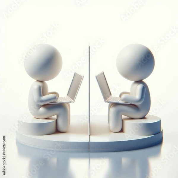 Obraz Stylized 3D illustration of a boy and girl sitting opposite each other with laptops, surrounded by collaborative digital icons. Symbol of online teamwork. Clean white round setup.