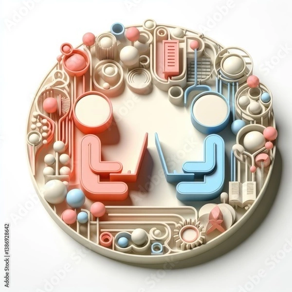 Obraz Stylized 3D illustration of a boy and girl sitting opposite each other with laptops, surrounded by collaborative digital icons. Symbol of online teamwork. Clean white round setup.