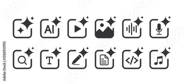 Obraz Set of Generate AI user interface. Artificial intelligence sign. AI enters by command prompt to generate ideas. AI tool and square. Icon element for apps, and websites. Vector illustration.