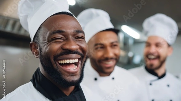 Fototapeta Three chefs are smiling and laughing together. They are all wearing white hats and black aprons. Scene is happy and lighthearted