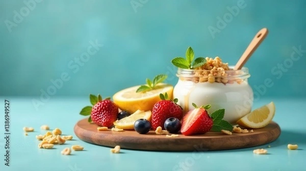 Fototapeta A refreshing yogurt parfait with summer berries and lemon slices, topped with crunchy granola, presented on a rustic wooden board.